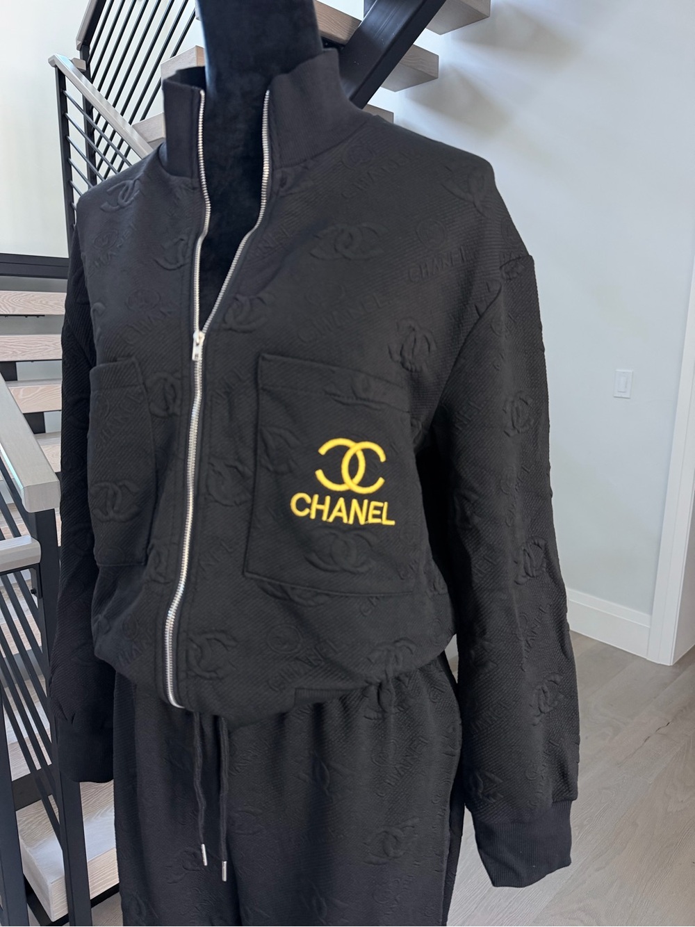 Chanel Black Logo Matching Track suit with Wide Leg Pants and Pockets size L - Picture 2 of 7